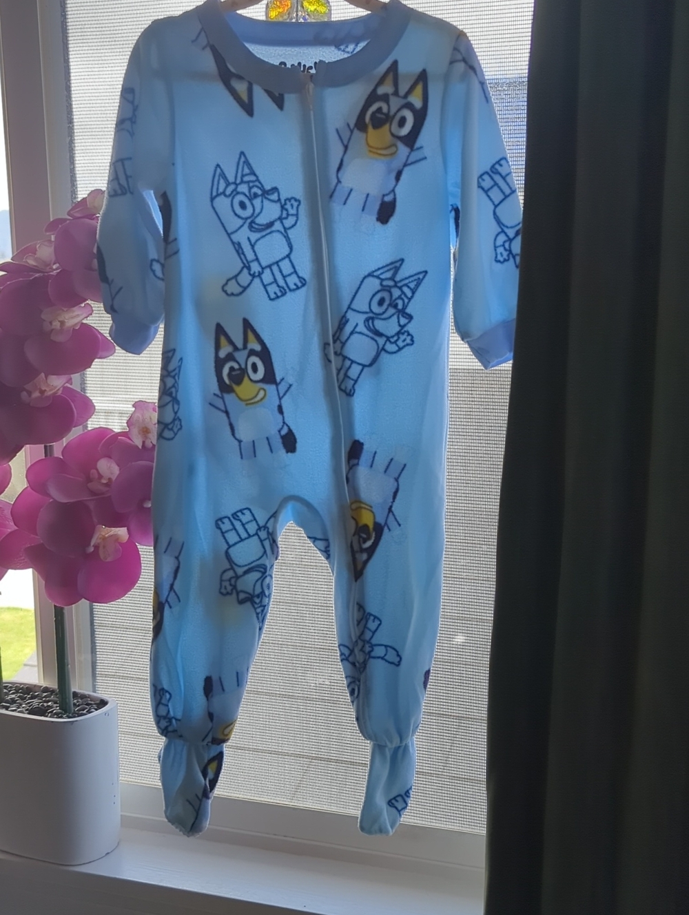 Blue Cartoon-Print Footed One-Piece for Kids